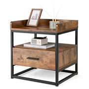Tavolino a 3 livelli con cassetto baffles superiori rialzati scomparto aperto, Comodino in legno Marrone rustico-Tavolini