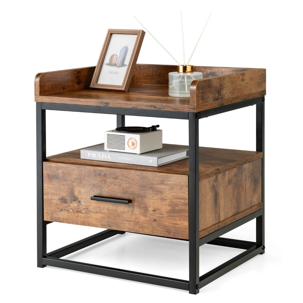 Tavolino a 3 livelli con cassetto baffles superiori rialzati scomparto aperto, Comodino in legno Marrone rustico-Tavolini