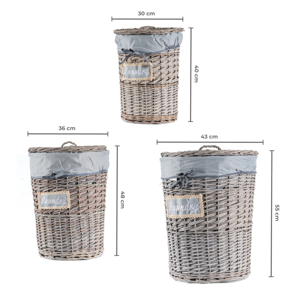 Set 3/5 Pezzi Ceste Portabiancheria in Vimini con Coperchio e Fodera Interna in Tessuto, Contenitori Multiuso per Bucato, Bagno, Lavanderia e Camera da Letto, Design Shabby Chic   3 Ceste QuincyTipo6
