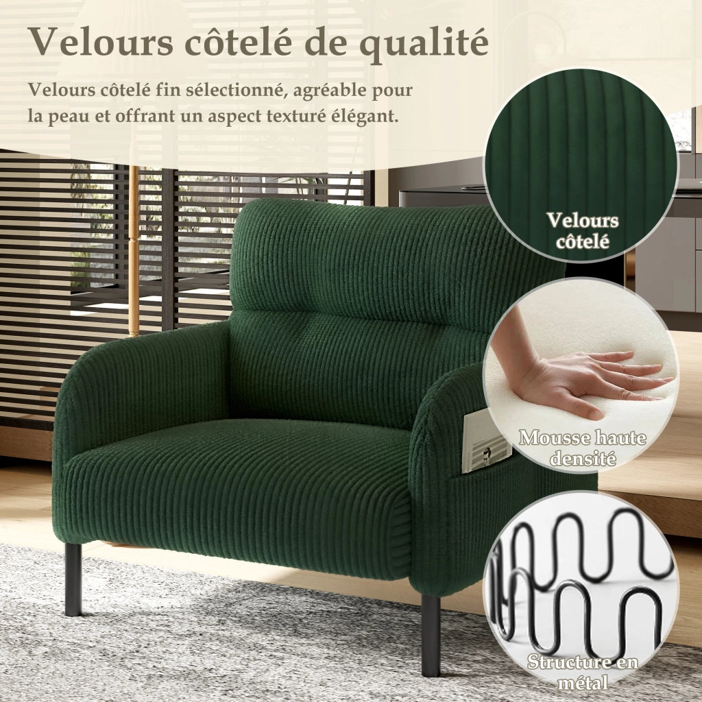Poltrona con Seduta Profonda e Tasche Laterali; Schienale Ergonomico; in Velluto a Coste; Smeraldo