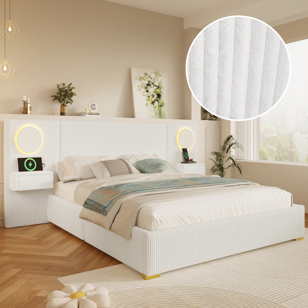 Letto Matrimoniale 180x200 cm con LED; USB e cassetti ai lati; in Velluto Beige
