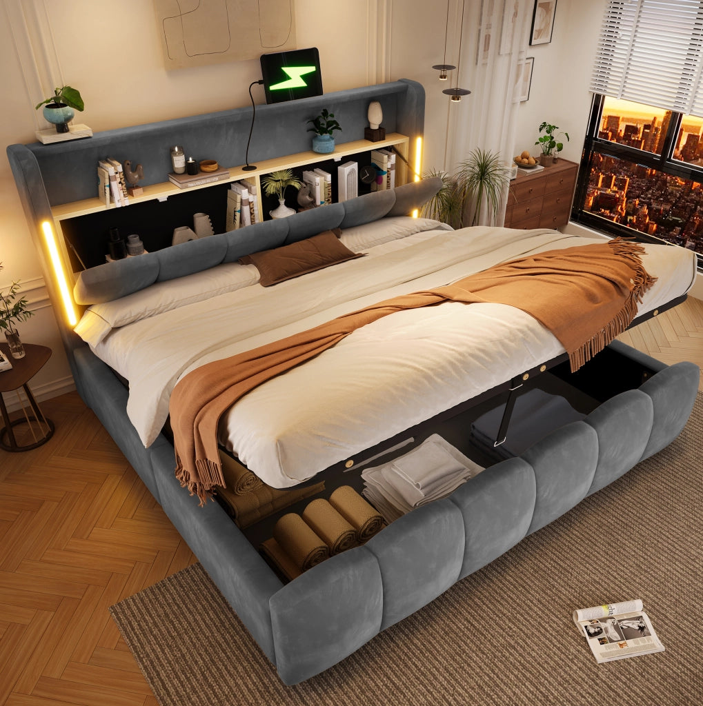 Letto imbottito 180x200 cm con luci LED; contenitore idraulico e porte USB; velluto grigio