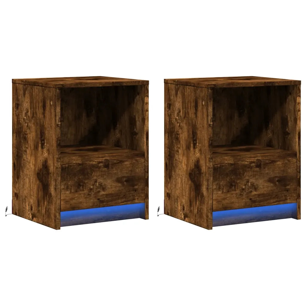 Set di 2 Comodini | Armadio da Notte | Mobiletto da notte con Luci LED Rovere Fumo in Legno Multistrato
