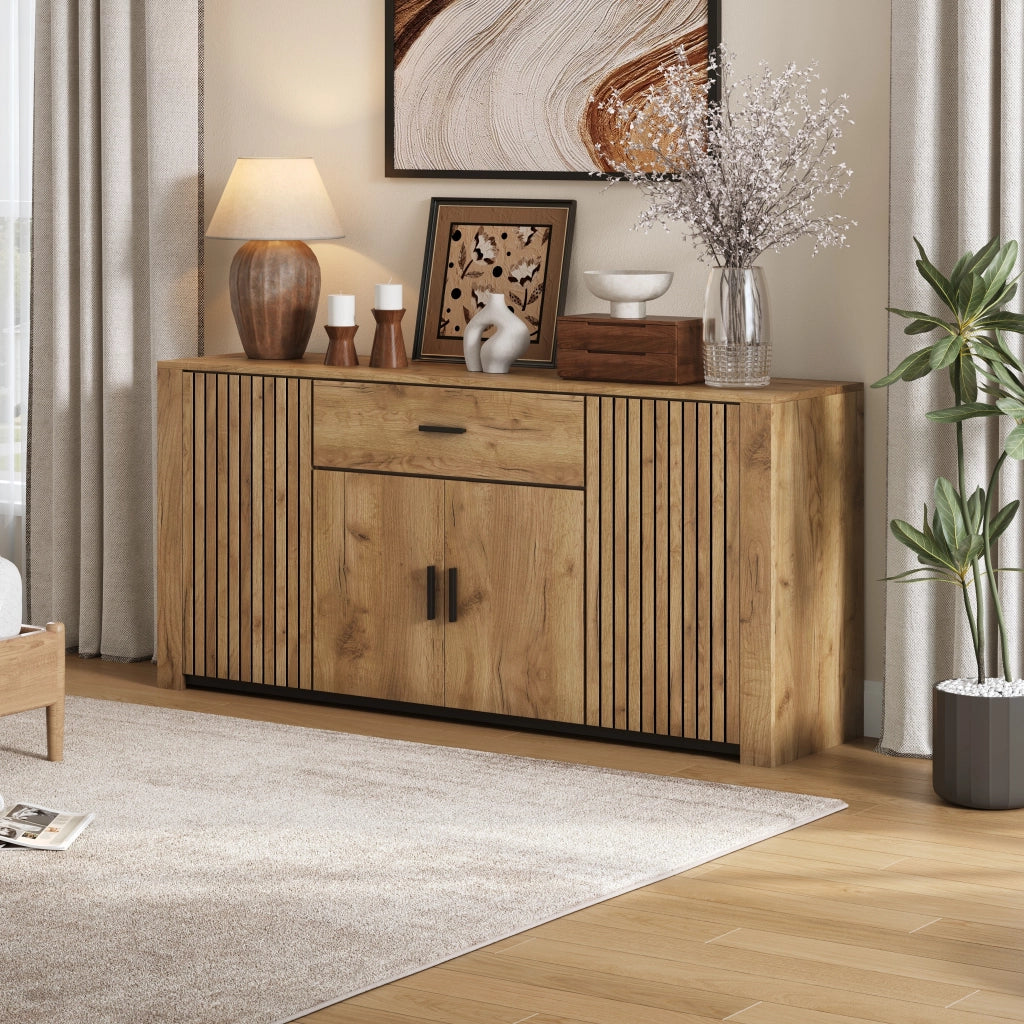 Credenza con 4 ante, 1 cassetto e ripiani regolabili, per soggiorno, in pannello truciolare rovere, 160 × 40 × 75 cm