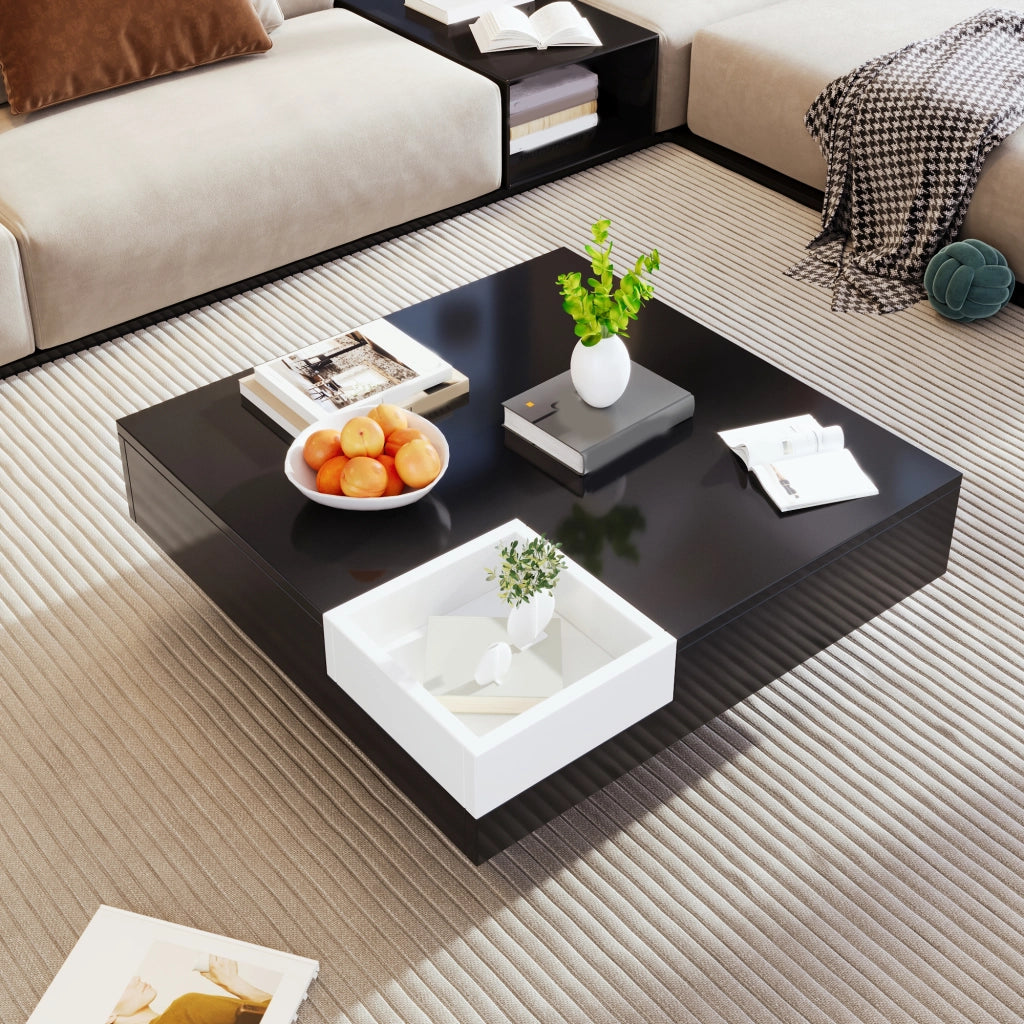 TAVOLINO 72x72x30 cm Bianco/Nero in truciolare con LED