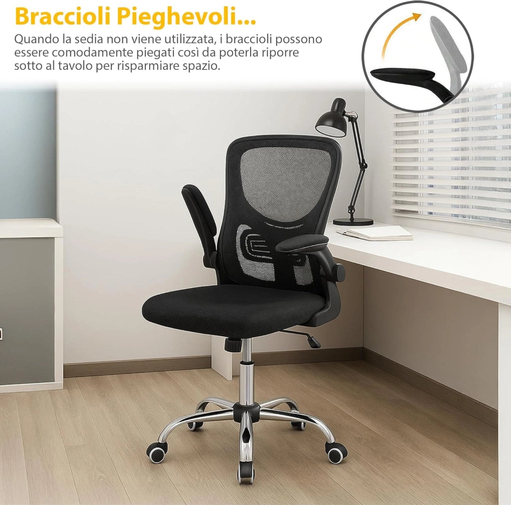 Sedia Da Ufficio Con Supporto Lombare, Poltrona Scrivania Ergonomica Braccioli Regolabili Altezza Regolabile Schienale in Rete Traspirante,Oscillante con Ruote Girevoli Senza Poggiatesta