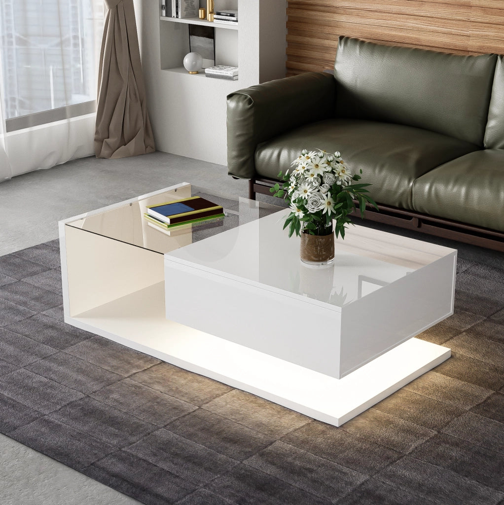Tavolino da salotto moderno 105x55x32;5 cm in truciolare bianco lucido con LED e vetro temperato