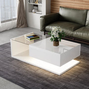 Tavolino da salotto moderno 105x55x32;5 cm in truciolare bianco lucido con LED e vetro temperato