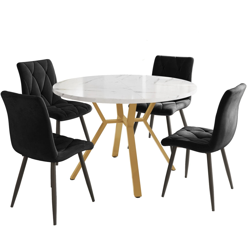 Tavolo da Pranzo Rotondo Effetto Marmo con 4 Sedie in Velluto ¨C MINIMAL ¨C Nero, Gambe in Metallo Dorato