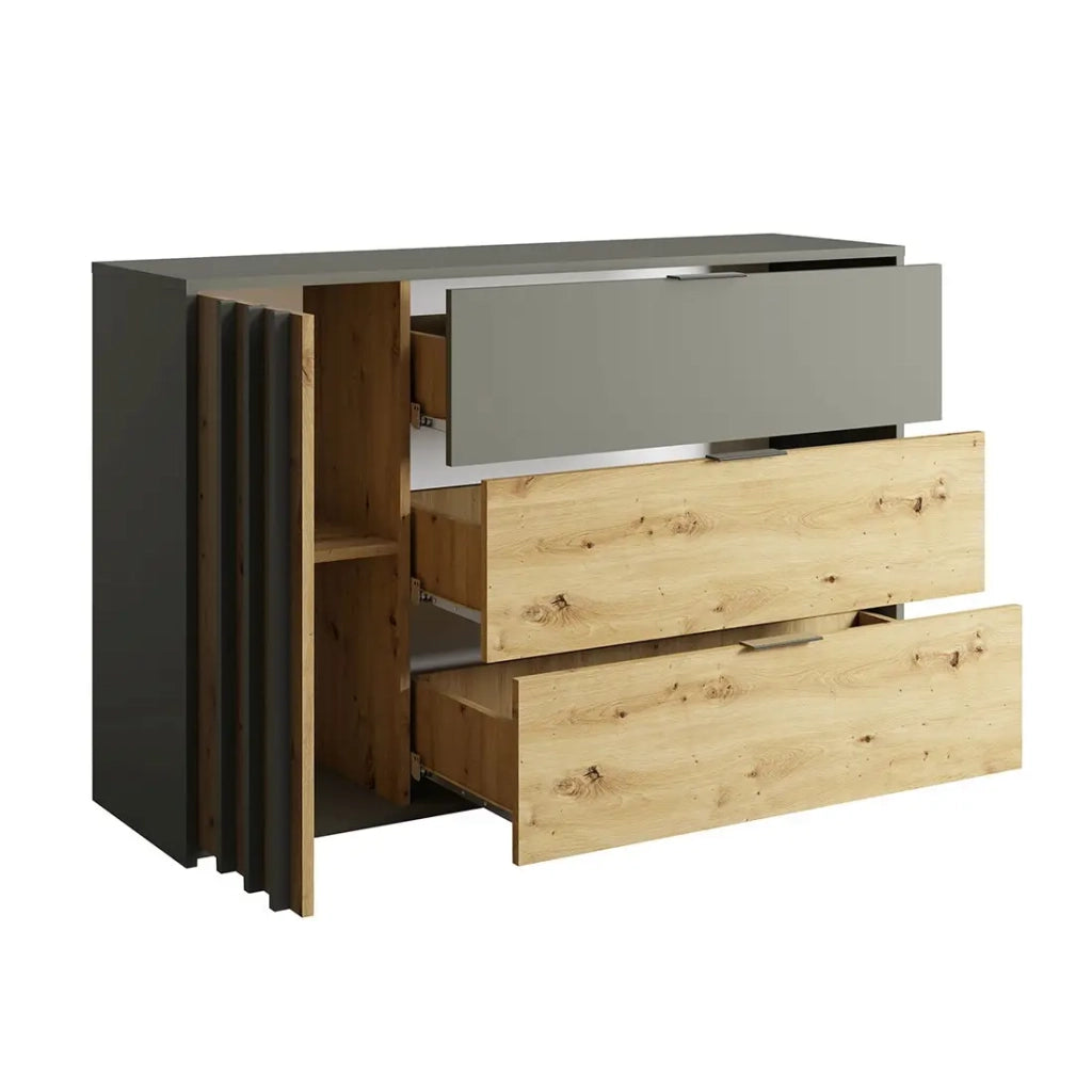 Comò design con 3 cassetti e 1 porta. Collezione IZO in colore grigio antracite e rovere chiaro.