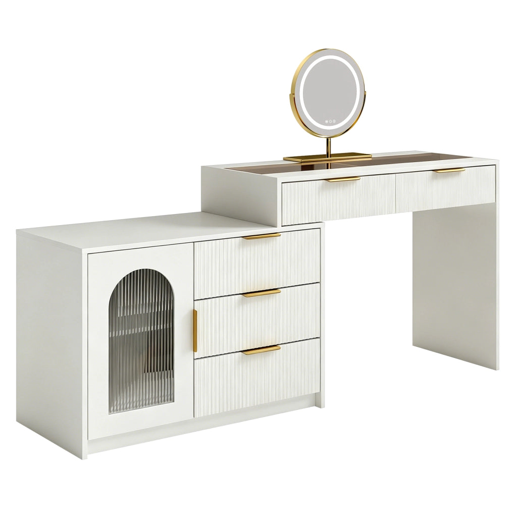 Toeletta con piano estraibile; specchio LED; cassetti e vani con fronti a rilievo; per camera da letto; bianca