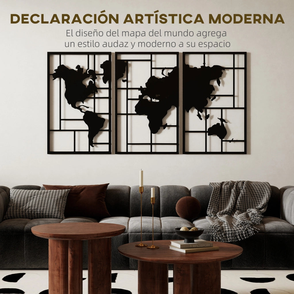 Mappa Mondo in 3 Pezzi per Parete ¨C zephmum ¨C Nero 60x40 cm