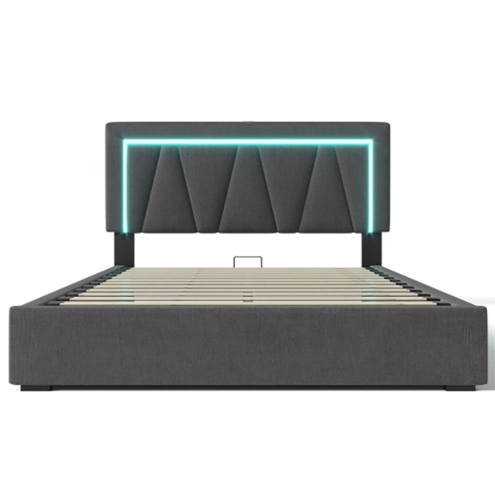 Letto matrimoniale con LED - Xylo - 160x200 cm - Grigio - USB-C, illuminazione LED, contenitore