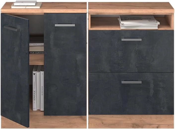 Set di mobili sottotetto Rion, Calcestruzzo nero, 120 cm Set di 2 carcasse armadio profondità 60 cm, adatto per il salvaspazio sotto tetti spioventi