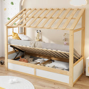 LETTO Bambini 90 x 200 cm in legno bianco e naturale con tetto, finestre e contenitore idraulico