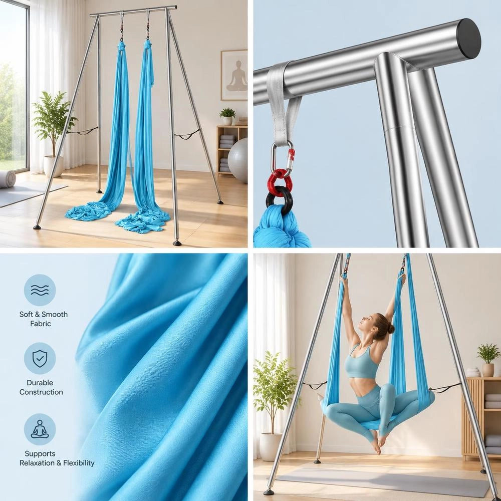 Aerial Yoga Hammock With Yoga Frame 12 X 2.6 M, Blue Yoga Swing Air Flying, Yoga Swing Hammock Swing 250 Kg Max. Load Capacity, Incl. Yoga Socks & Foot Pads, Anti-Gravity Exercises