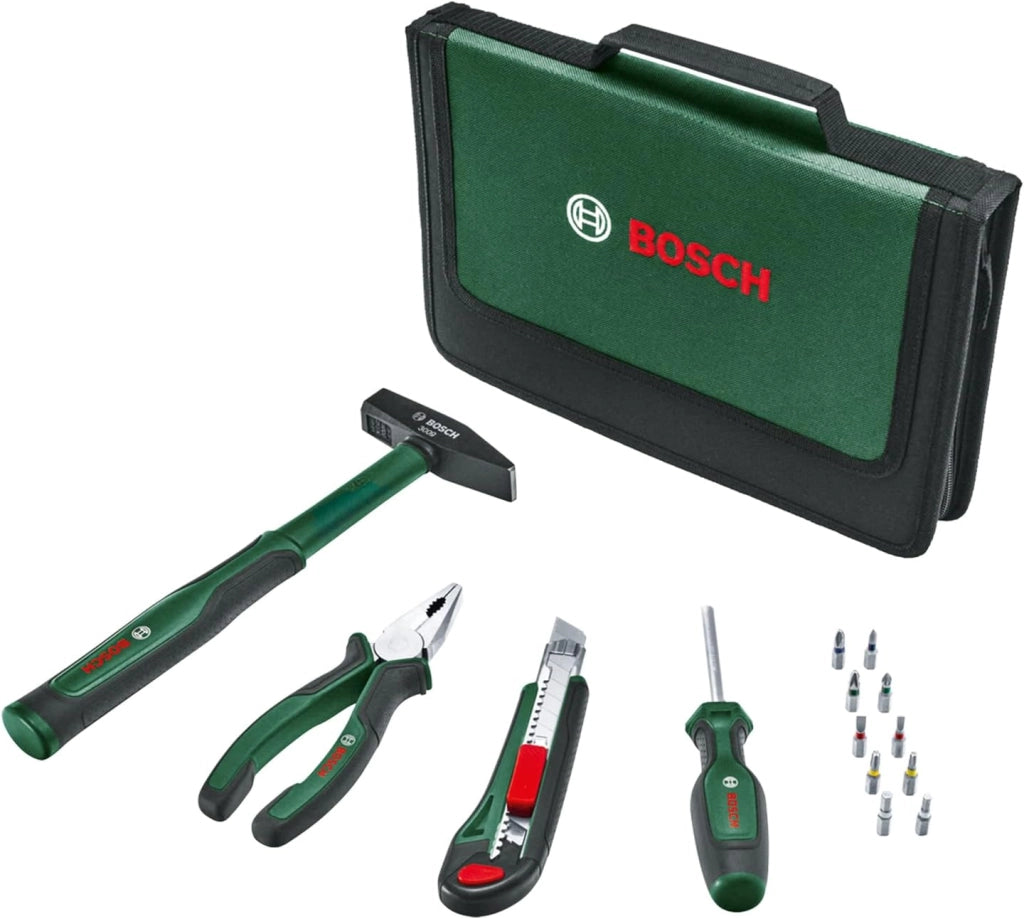 Bosch Set universale di utensili manuali 25 pz. (versatile kit per usi fai-da-te in ambito domestico; coltello ripiegabile; pinze combinate; metro a nastro; livella a bolla; e altro) - Amazon Edition
