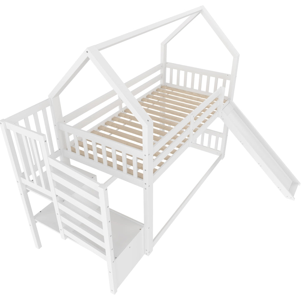 Letto a castello a casetta con scivolo e scala contenitore 90x200 cm; bianco