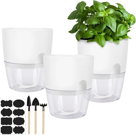 Set di 3 vasi di fiori in plastica per cucina con autoirrigazione e serbatoio d'acqua, 18,2 x 10 x 15 cm, trasparente