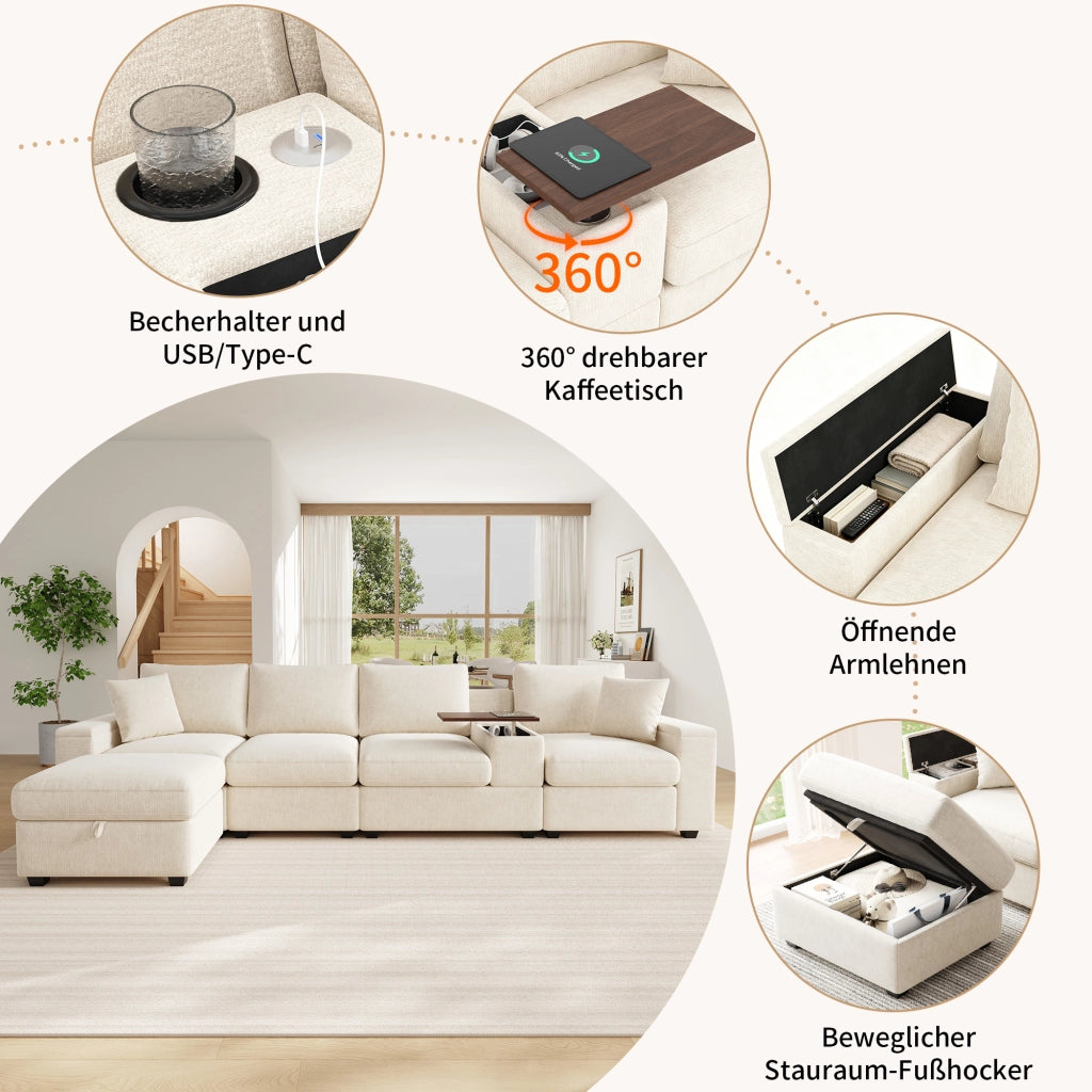 Divano modulare angolare in ciniglia con USB tipo C portabicchieri e contenitore beige