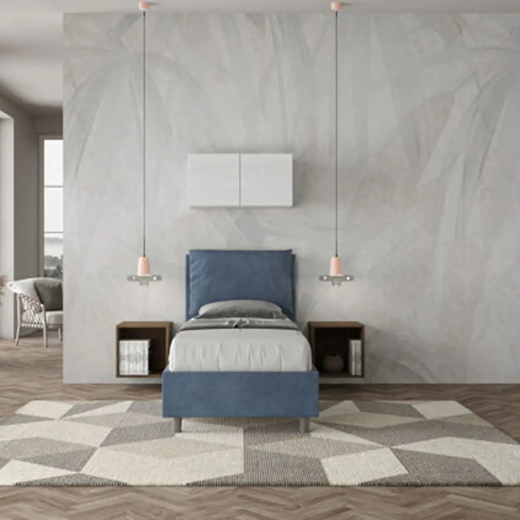 Letto singolo contenitore imbottito 80x210 microfibra blu Antea