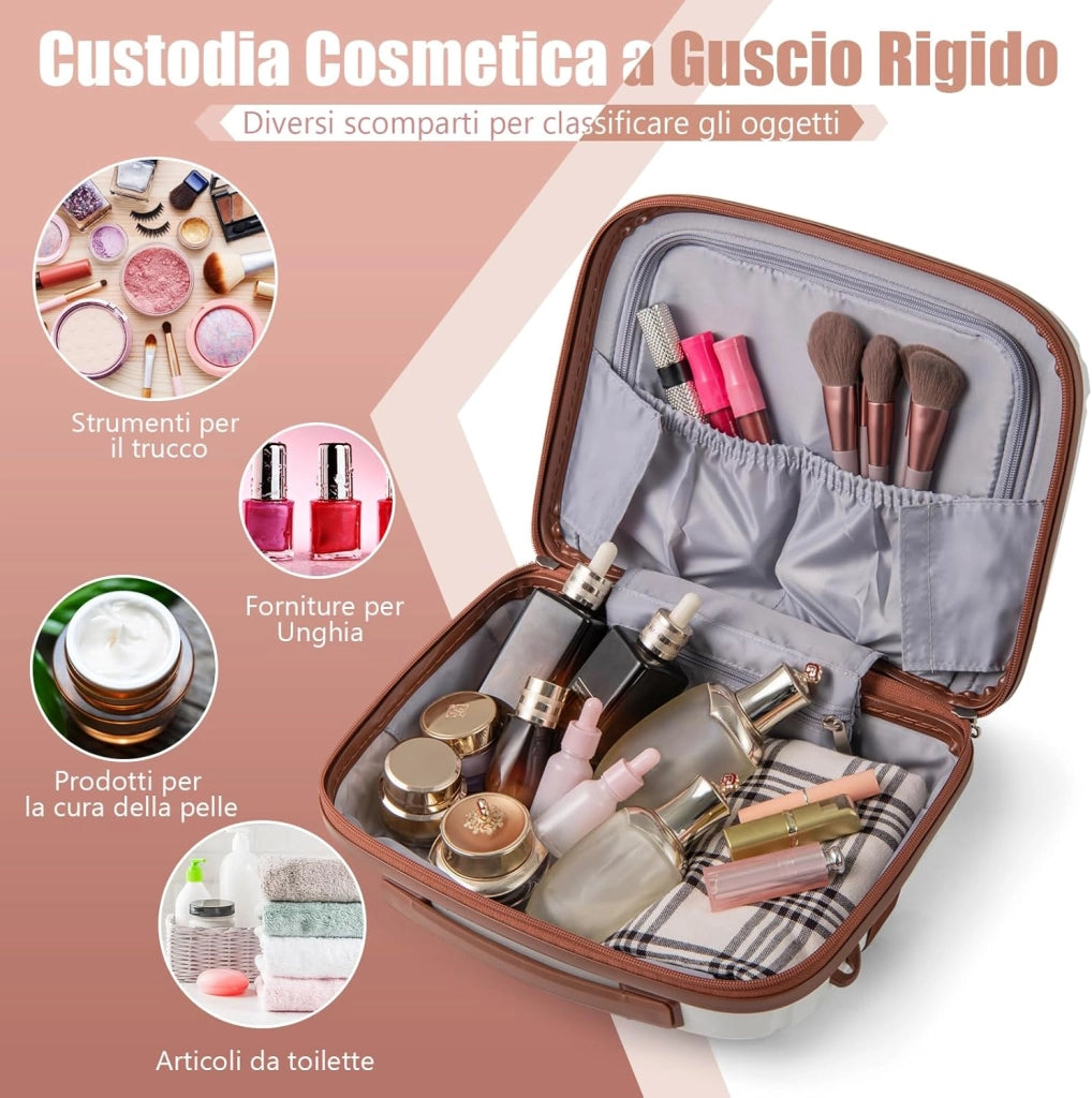 Set di Bagagli da 2 Pezzi, Valigia Trolley da 20" e Casetta da Trucco da 14" in Materiale PP Rigido Leggero con Lucchetto TSA, Porta USB e Ruote Girevoli, Bagaglio a Mano Espandibile (Bianco)