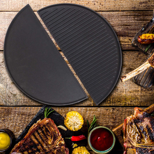 Set 2x Piastra in ghisa rigata, forma a mezza luna, 49,8 x 24,3 x 1,5 cm, griglia in ghisa per barbecue, bistecchiera, ideale per grigliare carne, pesce, verdure