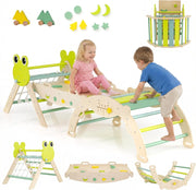 7 in 1 Set da Arrampicata per Bambini, Giocattoli da Arrampicata in Legno con Rampa Scala e Arco, Gioco del Labirinto, Giochi Montessori per Bambini 1 Anni + (Rana 3 Pezzi con Rete, Verde)
