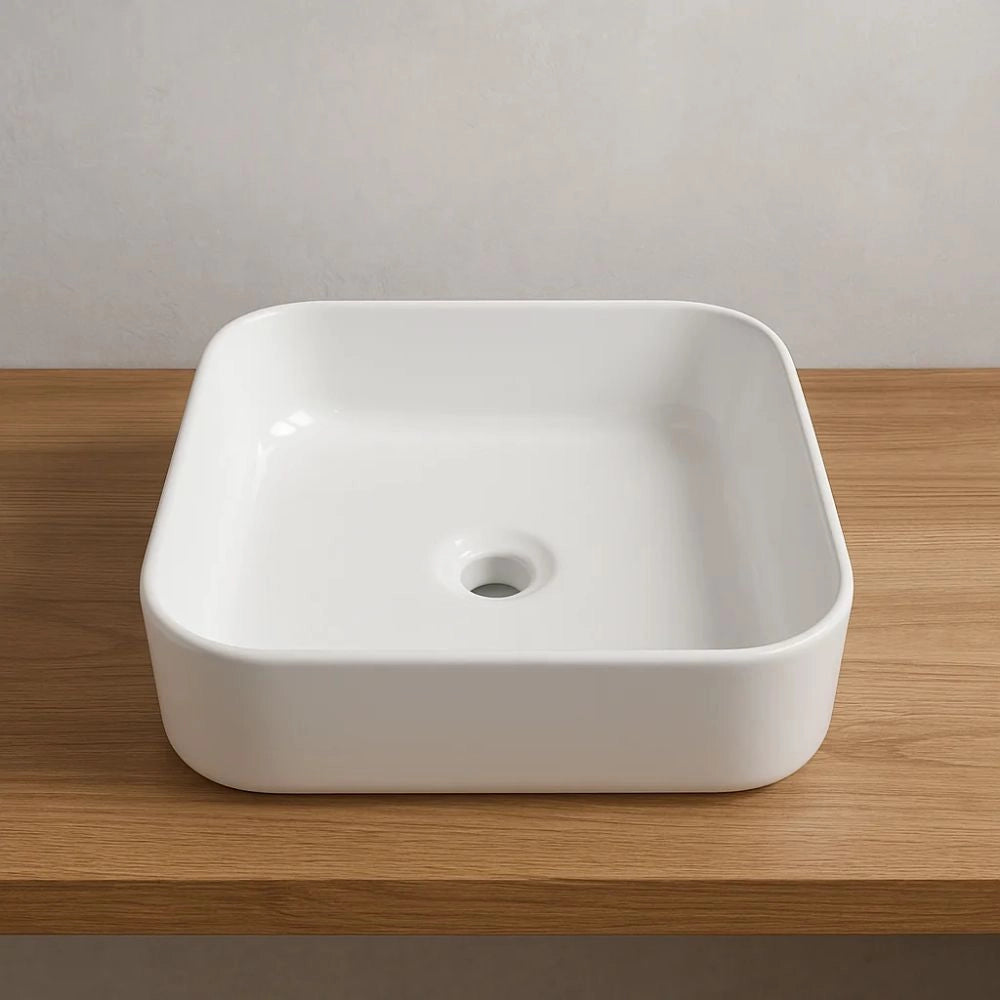 Lavabo d'appoggio ceramica bianco quadrato lavandino bagno dimensioni cm 38,5x38,5x14 *** finitura- lucido, confezione 1