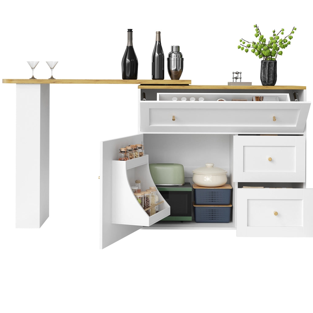 Tavolo da bar allungabile con ripiani e rotazione 360°, MDF bianco 138-204×39×105 cm