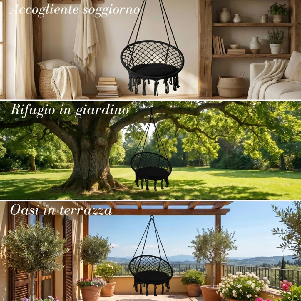Marvin Poltrona sospesa da Giardino Polinesia Sedia a Dondolo Seduta Imbottita con Cuscino Amaca da Appendere 60x80 Nero