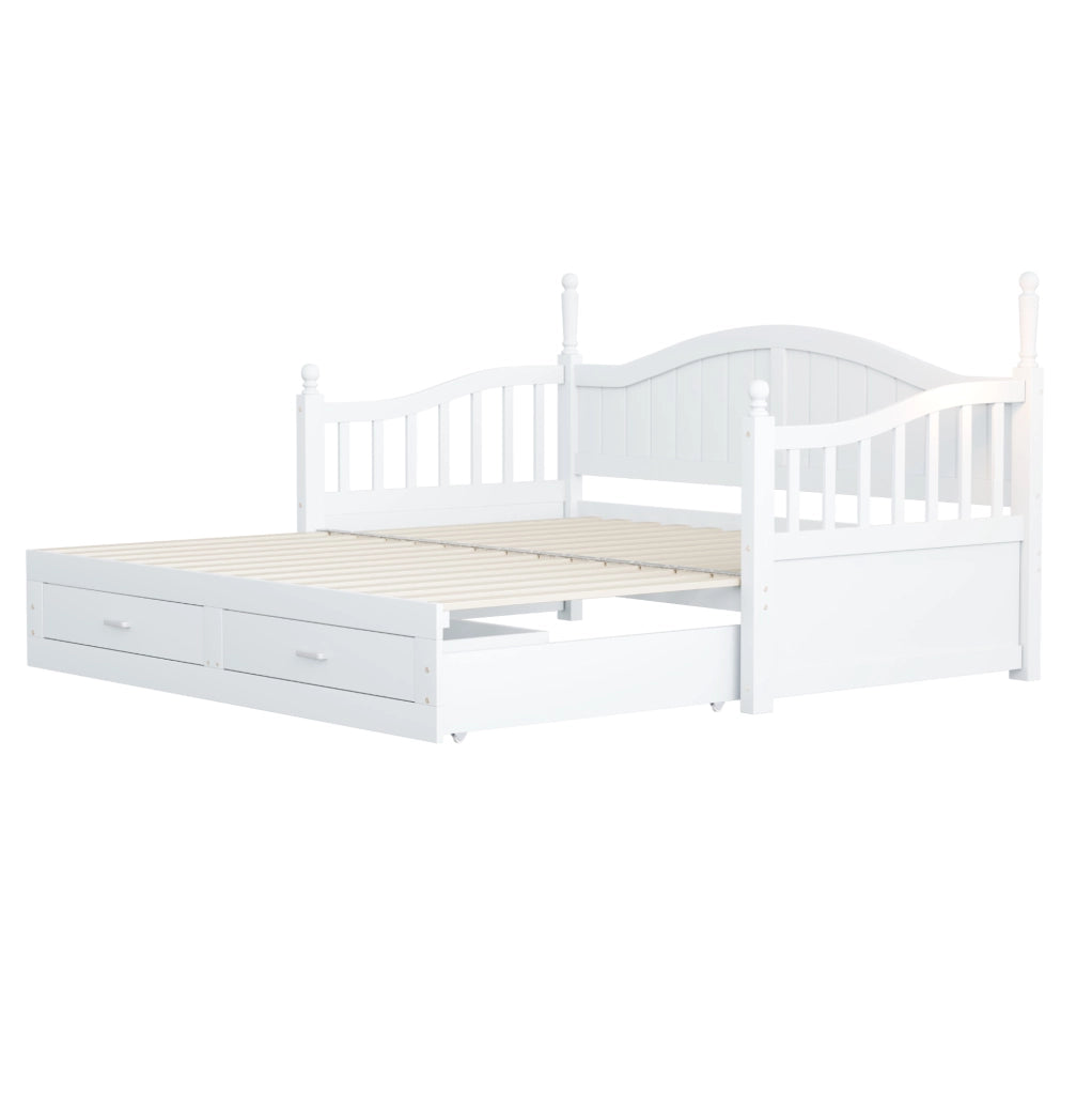 Divano letto estraibile 90x190/180x190 cm con 2 cassetti e doghe; in legno bianco