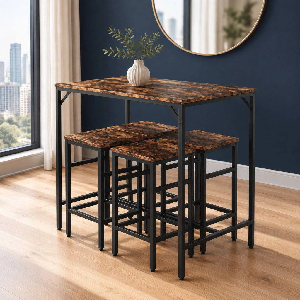 Set tavolo alto con 4 sgabelli, marrone rustico e nero