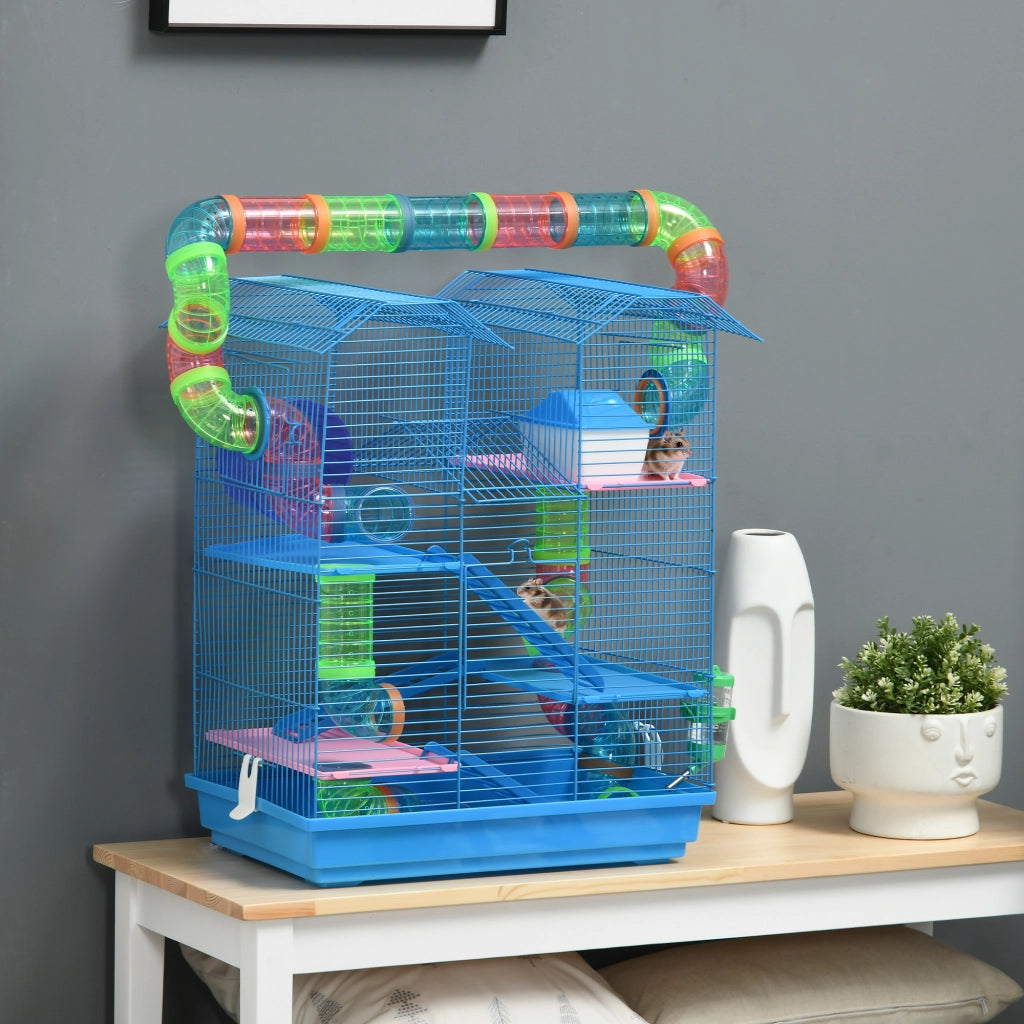 Gabbia per Criceti 5 Piani con Tubi, Ruota e Casetta ¨C Zephmum ¨C Blu 47x30x59 cm