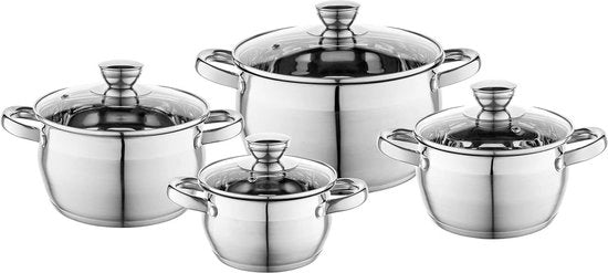 Set di Panni in Acciaio Inossidabile di Alta Qualità con Coperchio in Vetro - Set di 8 Panni per Induzione, Gas e Elettrico