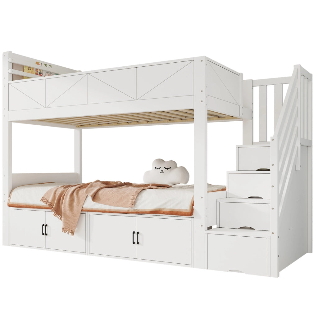 Letto a castello 90x200 cm bianco con scala contenitore e vani chiusi HAVRYA