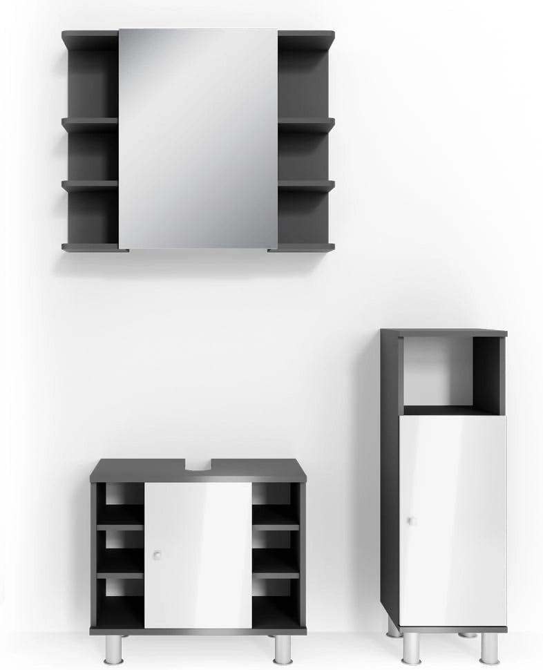 Set mobili bagno Fynn, Antracite, 60 cm, composto da mobile sottolavabo, specchiera e mobile medio