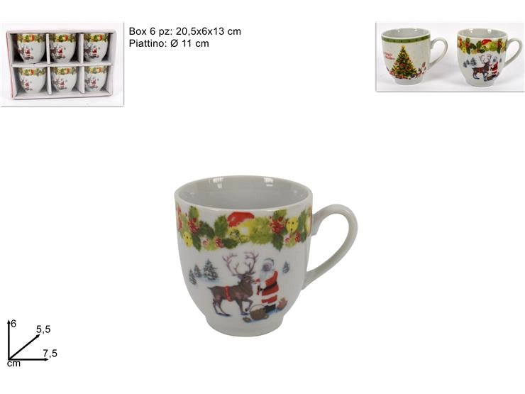 Set 6 Tazzine Tazze da Caffè in Ceramica senza Piattini Decoro Natale
