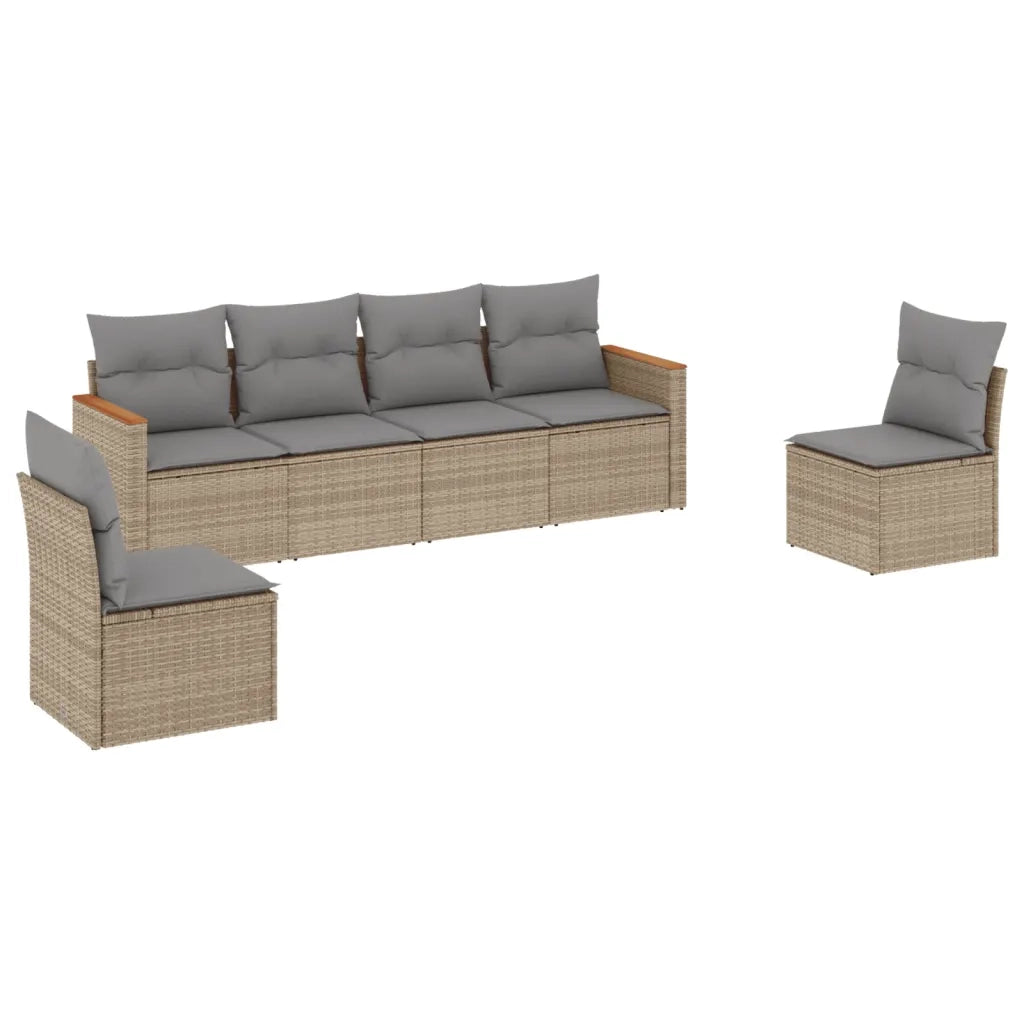 Set Divano da Giardino 6 pz | Set Salotto da Giardino con Cuscini Beige Misto Polyrattan