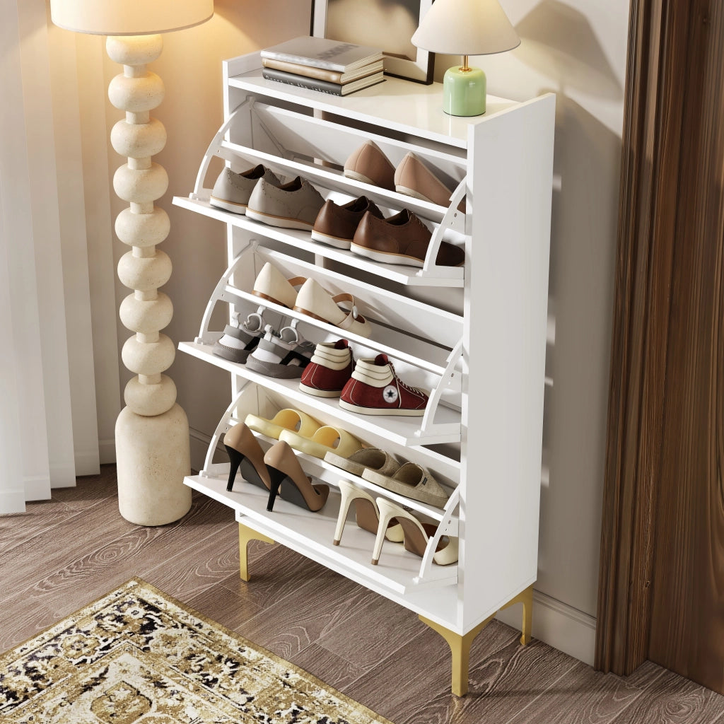 Scarpiera con 3 Scomparti e 6 Elementi in Rilievo; Piedini in Metallo Dorato; Stile Moderno; in MDF; Bianco; 63×24×120 cm