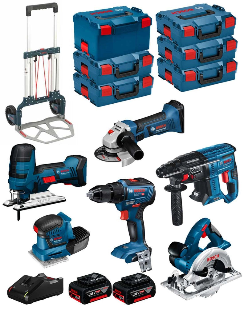 BOSCH Kit 18V BK602 (GST 18V-LIS+GKS 18V-LI+GSS 18V-10+GSR 18V-55+GBH 18V-21+GWS 18-125V-LI+2x5,0Ah+GAL18V-40+6xL-Boxx+Carrello)