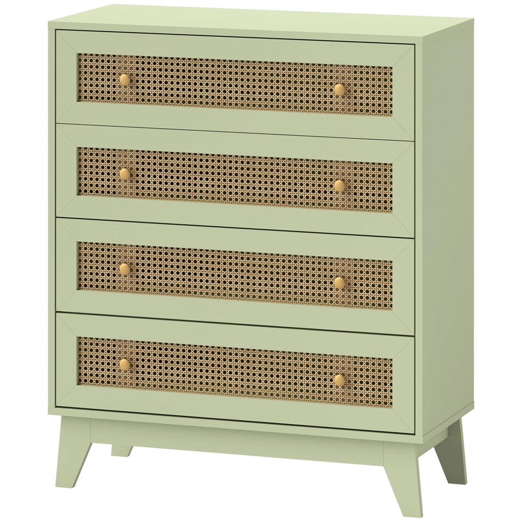 Cassettiera 4 Cassetti in Legno con Intreccio in Rattan ¨C Zephmum ¨C Effetto Legno Chiaro 80x35x95 cm Verde