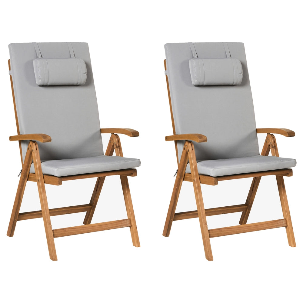Set di 2 sedie in legno di acacia e cuscini grigio chiaro pieghevoli in stile rustico resistente ai raggi UV