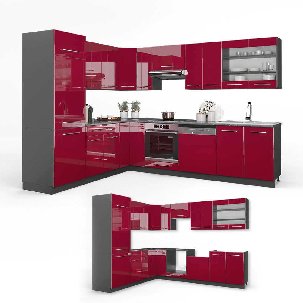 Cucina angolare completa Fame-Line Bordeaux lucido/Antracite 287 x 60 cm, PL Marmo Vicco