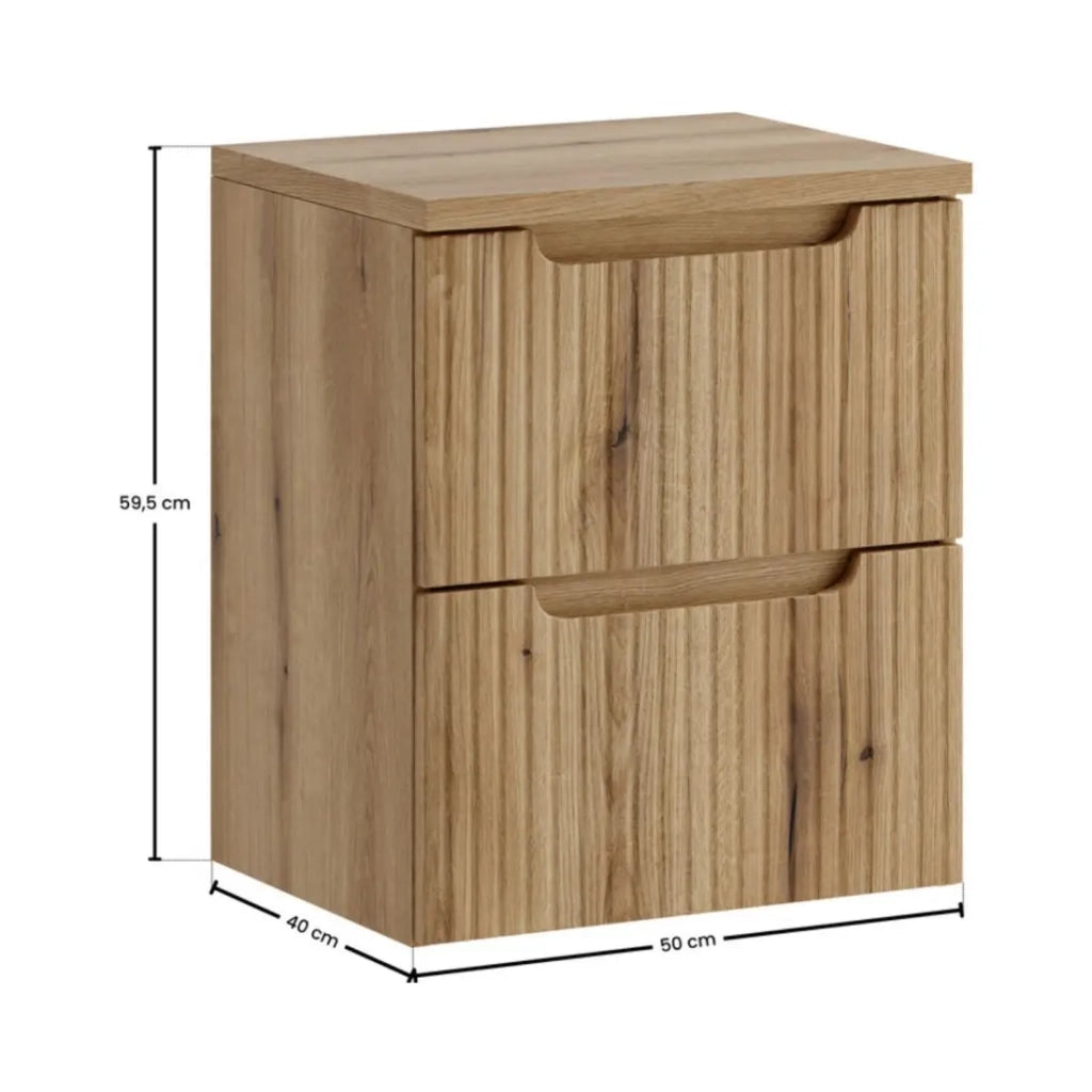 Set da bagno sospeso VANO in rovere chiaro 50cm: mobile sotto lavabo con cassetti con frontale scanalato + top per lavabo