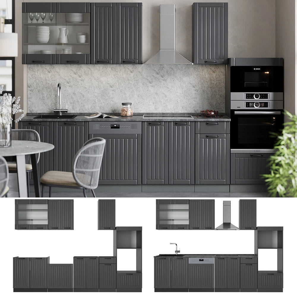 Cucina componibile Fame-Line Grigio scuro/Antracite 300 cm con armadio alto, PL Marmo Vicco