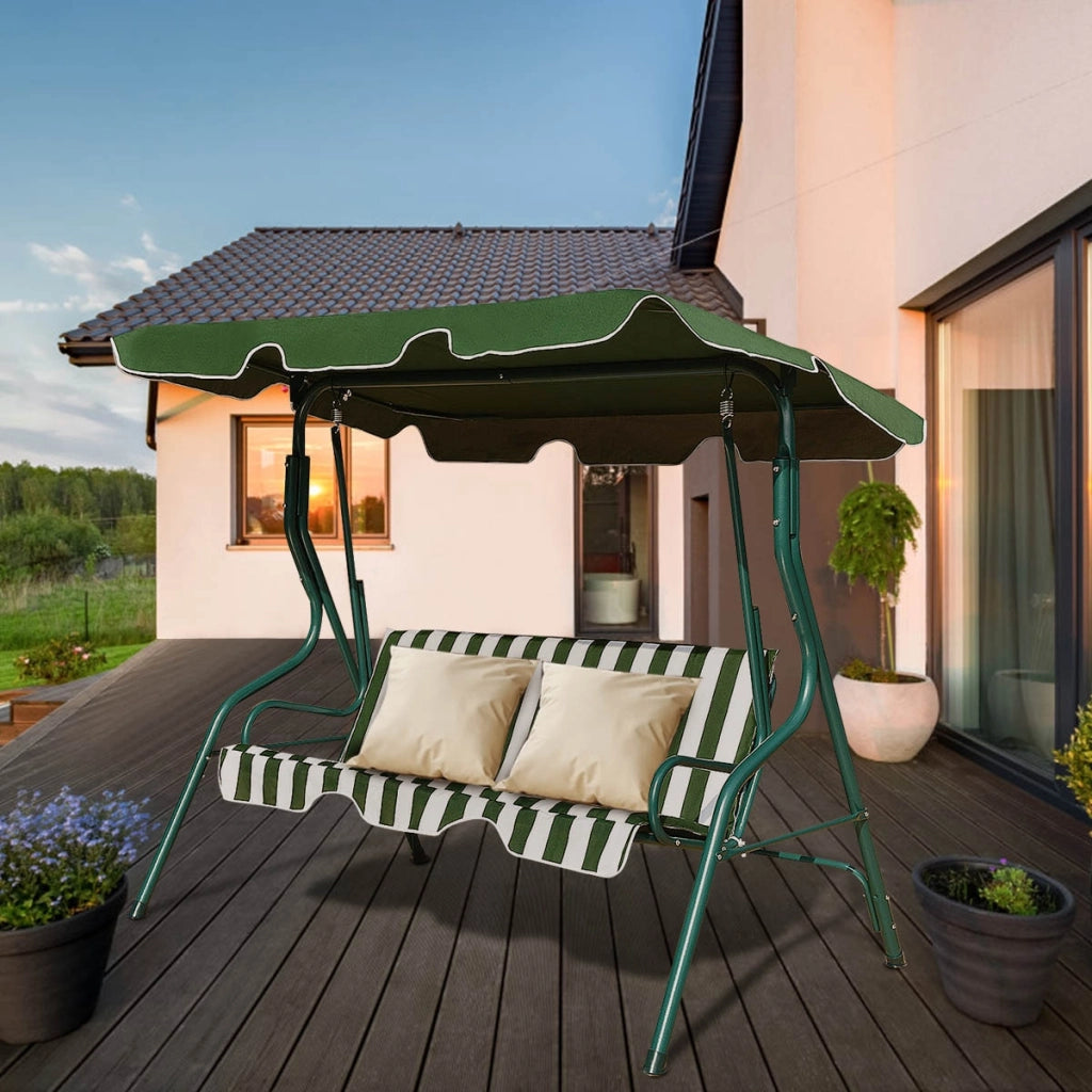 Dondolo a tre posti da giardino con oscurante e telaio in acciaio 172x154x110cm Verde e bianco-Dondoli