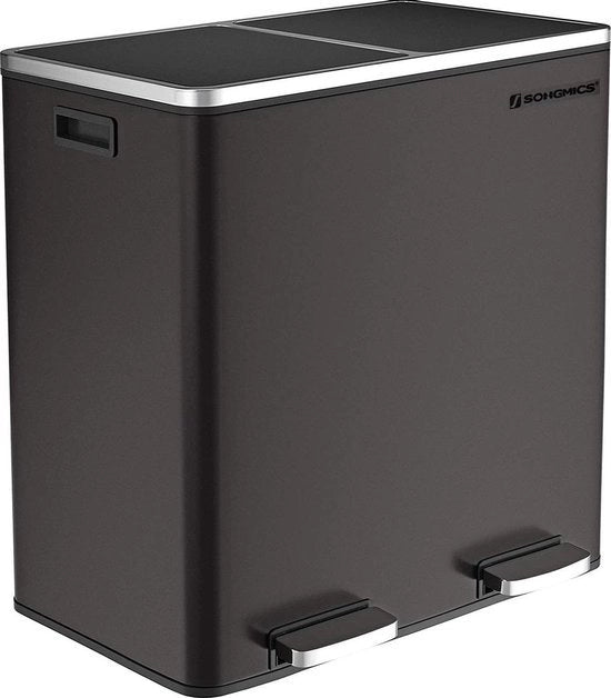 Raccolta Rifiuti – Contenitore per Rifiuti – Due Ceste – 2 x 30 L – Separazione Rifiuti – Acciaio Inossidabile – Nero – 76 x 64 x 42 cm