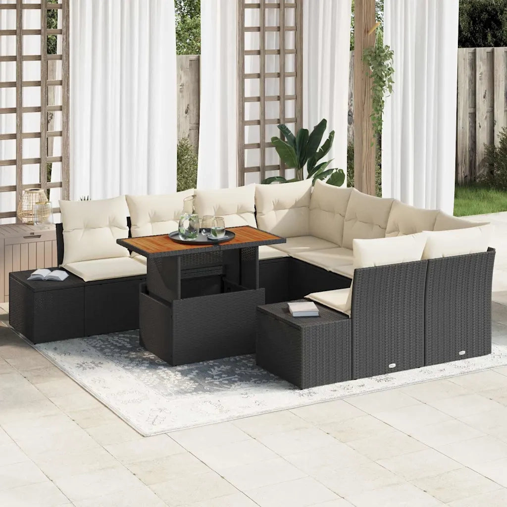 Set da Pranzo per Giardino con cuscino 9 pcs Nero e Crema