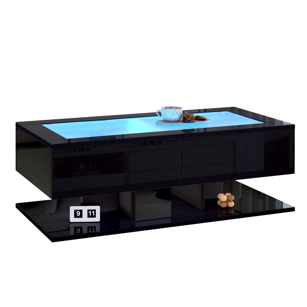 Tavolino da Caff¨¨ con LED e Cassetti ¨C MINIMAL ¨C Piano in Vetro Temperato, Nero Lucido, 100x50x35